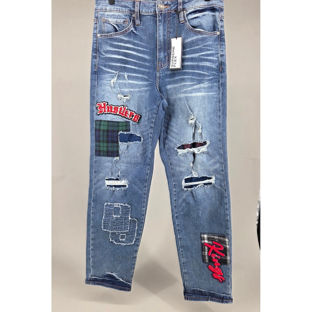 rue21 Loose Fit Jeans Mens 32x32 Blue Distressed Patchwork Hustler‎ Kings Grunge